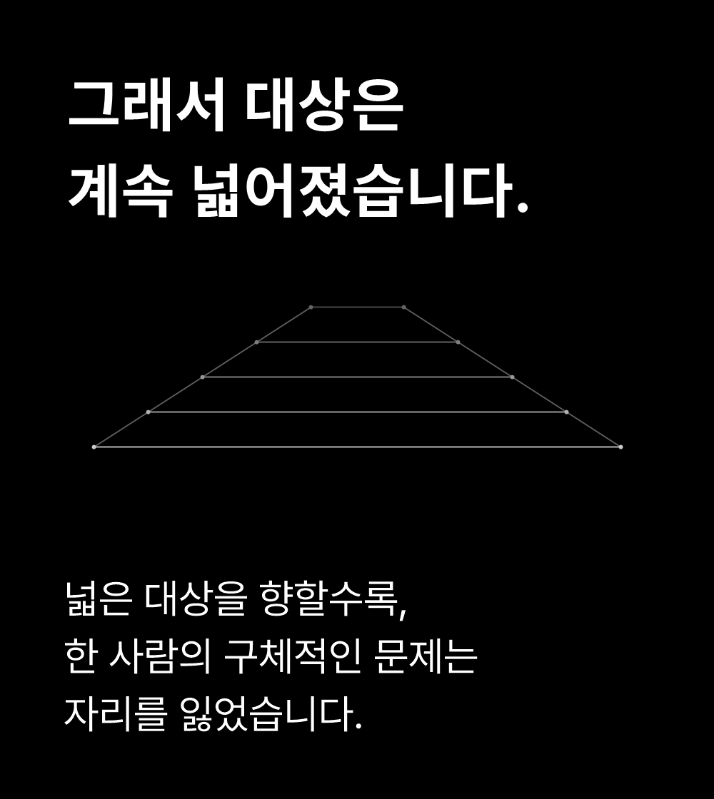 그래서 대상은
계속 넓어졌습니다.

넓은 대상을 향할수록,
한 사람의 구체적인 문제는
자리를 잃었습니다.