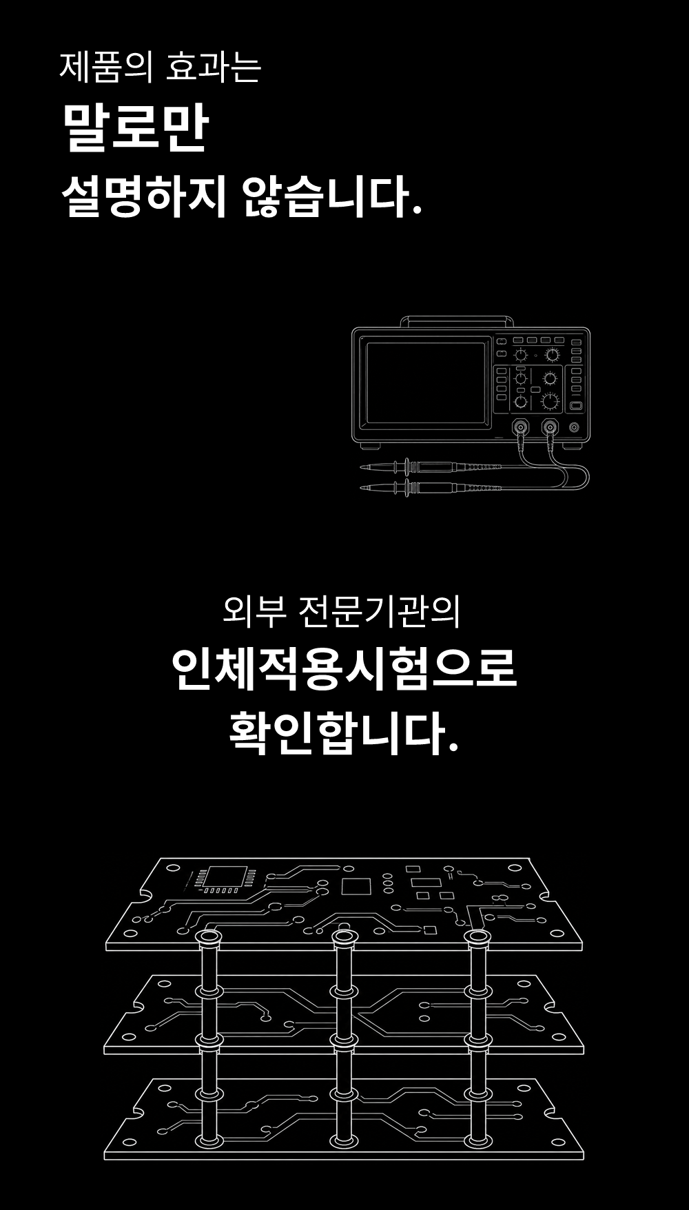 제품의 효과는
말로만
설명하지 않습니다.

외부 전문기관의
인체적용시험으로
확인합니다.